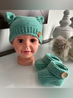 Mint Knit Baby Hat with Ear Details and booties